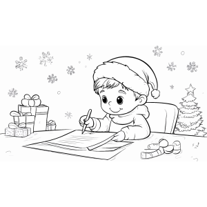 Menino escrevendo a carta perto da árvore de Natal para colorir