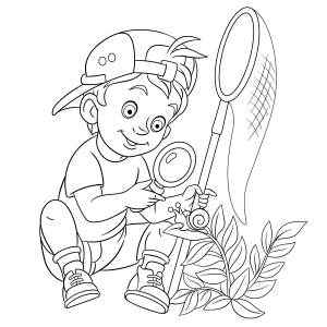 Menino explorador com lupa observando a natureza para colorir