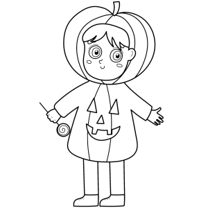 Menino fantasiado de abóbora com capuz para colorir