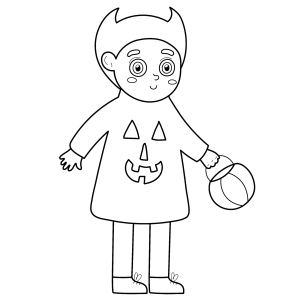 Menino fantasiado de diabinho com a bola de doces para colorir
