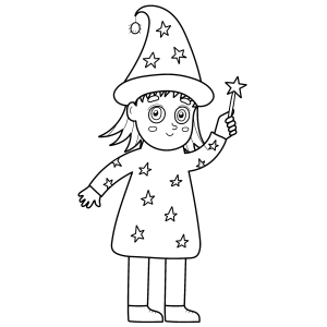 Menino fantasiado de mago com varinha para colorir