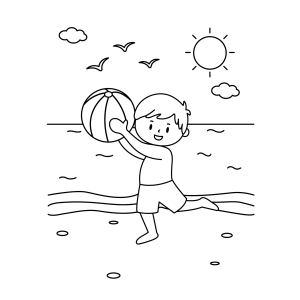 Menino jogando bola na praia para colorir