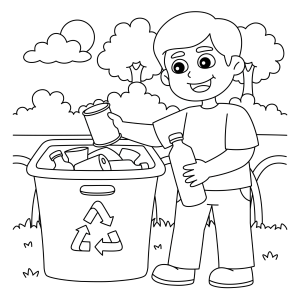 Menino jogando garrafa na lixeira de reciclagem para colorir