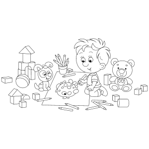 Menino montando blocos com seus brinquedos para colorir