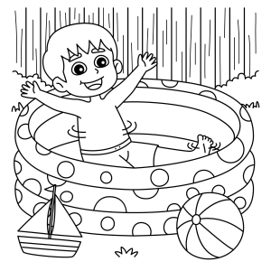 Menino na piscina inflável com bola para colorir
