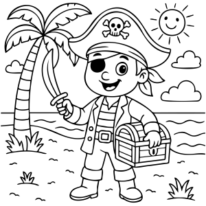 Menino pirata com baú de tesouro na praia para colorir
