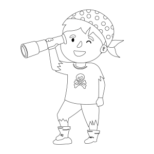 Menino pirata com luneta e bandana para colorir