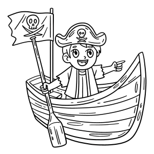 Menino pirata remando no barquinho para colorir