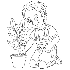 Menino plantando flor no vaso para colorir