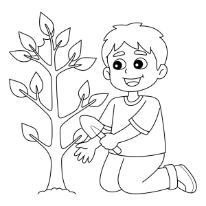 Menino plantando uma árvore com a pá para colorir