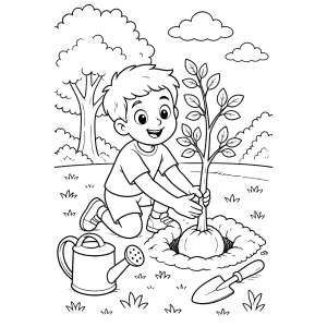 Menino plantando uma muda com regador para colorir