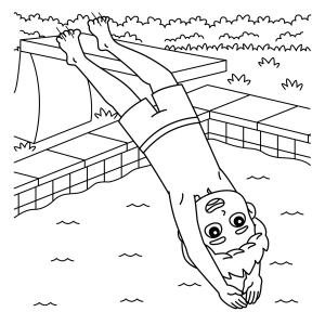 Menino pulando do trampolim na piscina para colorir