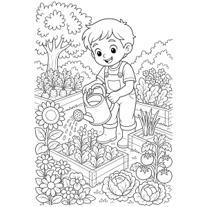 Menino regando as plantinhas para colorir