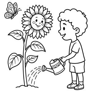 Menino regando um girassol gigante para colorir