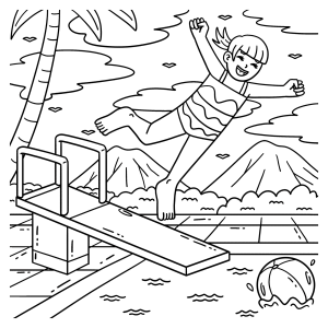Menino saltando do trampolim de braços abertos para colorir