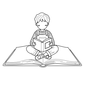 Menino sentado em cima de um livro gigante para colorir