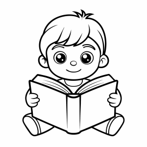 Menino sorridente segurando um livro aberto para colorir