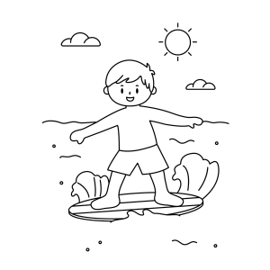Menino surfando nas ondas para colorir
