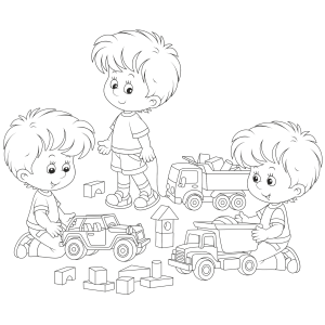 Meninos brincando de carrinhos no chão para colorir