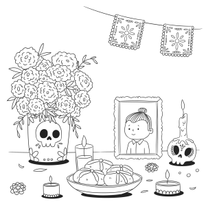 Mesa de oferendas com flores, pão e velas para colorir