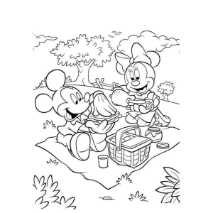 Mickey e Minnie brincando no jardim para colorir