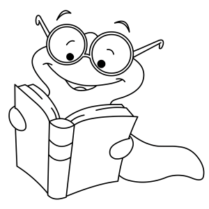 Minhoca de óculos lendo um livro grande para colorir
