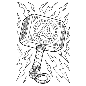 Mjolnir, o martelo do Thor, cercado de raios para colorir