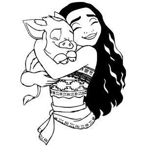Moana abraçando o porquinho Pua para colorir