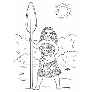 Moana com o remo na praia para colorir