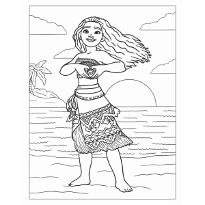 Moana com os braços erguidos ao pôr do sol para colorir