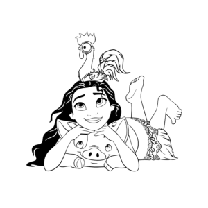 Moana deitada com Pua e Heihei para colorir
