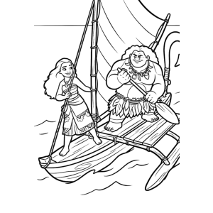Moana e Maui navegando no barco para colorir