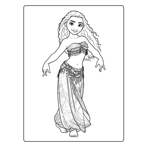 Moana em pé com os cabelos soltos para colorir