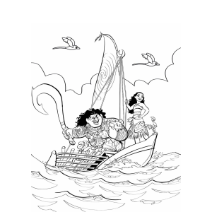 Moana, Maui e Heihei na canoa para colorir