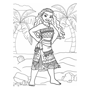Moana na praia com coqueiros para colorir