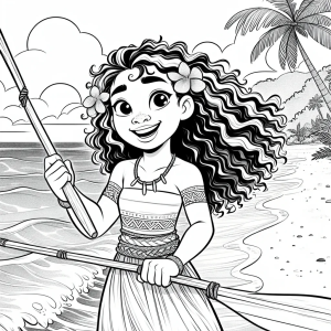 Moana remando no mar para colorir