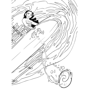 Moana surfando na onda com Heihei para colorir