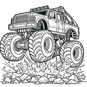 Monster truck passando pelas pedras para colorir