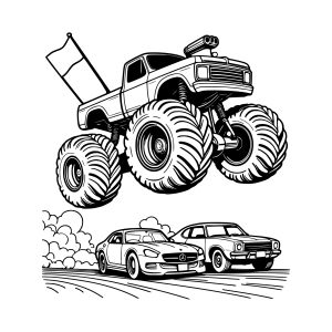 Monster truck pulando sobre o carro de corrida para colorir