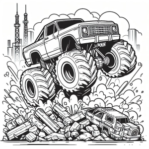 Monster truck saltando sobre os carros para colorir