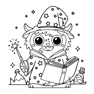 Monstrinho peludo com chapéu de mago e livro de feitiços para colorir