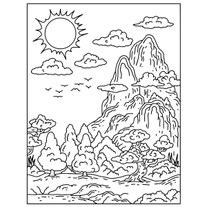 Montanha nevada com floresta de pinheiros para colorir