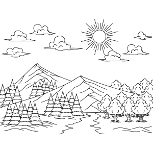 Montanhas com lago e pinheiros ao sol para colorir