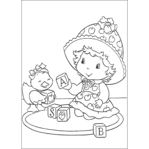 Moranguinho bebê brincando com cubos e patinho para colorir