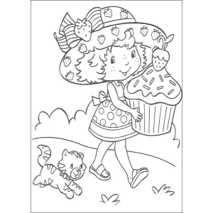 Moranguinho carregando cupcakes com o gatinho para colorir
