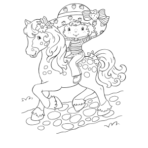Moranguinho cavalgando seu cavalinho de crina longa para colorir