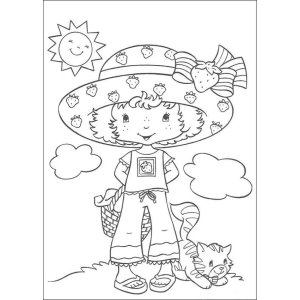 Moranguinho com cesta de flores e o gatinho ao sol para colorir