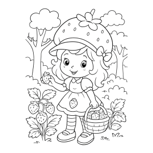 Moranguinho com cesta de morangos na floresta para colorir