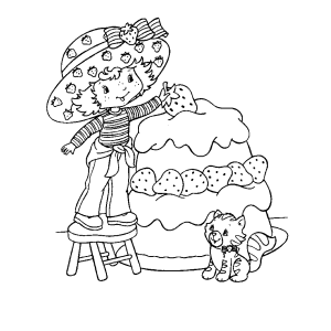 Moranguinho decorando um bolo de morango gigante para colorir