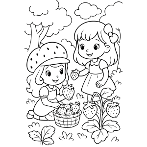 Moranguinho e amiga colhendo morangos no campo para colorir